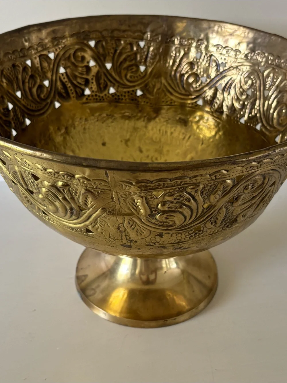 Brass Pedestal Bowl with Embossed Floral Motif - Gold Tone